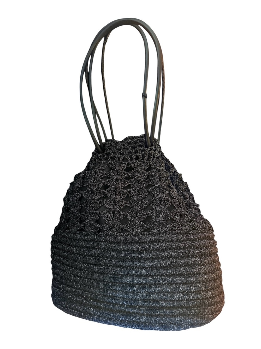 BTB Los Angeles Black Raffia Crochet Bucket Bag Lined Leather Strap Boho Tote